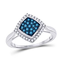 10k White Gold Blue Color Enhanced Round Diamond Diagonal Square Cluster Ring 1/3 Cttw