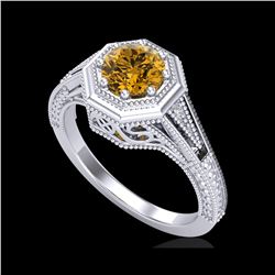 0.84 ctw Intense Fancy Yellow Diamond Art Deco Ring 18K White Gold