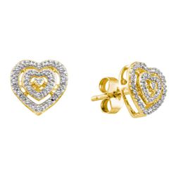 10kt Yellow Gold Round Diamond Heart Cluster Earrings 1/12 Cttw