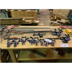 LARGE LOT OF ASSORTED IRWIN QUICK-GRIP CLAMPS, 2 BESSEY CLAMPS & 2 27" WOOD WORKING CLAMPS - 42",