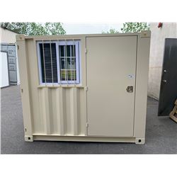 BRAND NEW 9FT STORAGE / OFFICE SHIPPING CONTAINER WITH BARRED WINDOW, SIDE LOCKING MAN DOOR & DUAL