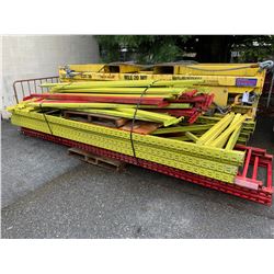 3 - RED 14'H X 3'W PALLET RACK UPRIGHTS WITH 12 - RED 8' CROSSBARS & 4 - YELLOW 13'H X 3'9"W PALLET 