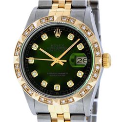 Rolex Mens 2 Tone 14K Green Vignette Pyramid Diamond 36MM Datejust Wristwatch