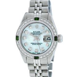 Rolex Ladies Stainless Steel Blue MOP Diamond & Emerald Datejust Wristwatch