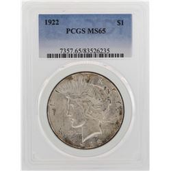 1922 $1 Peace Silver Dollar Coin PCGS MS65