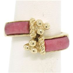 14k Yellow Gold 2 Bezel Set Rectangular Pink Jade Bypass Ring