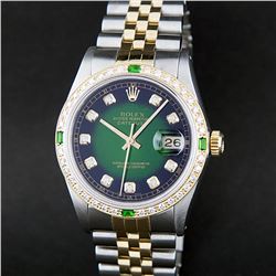 Rolex Mens 2 Tone 14K Green Vignette Diamond & Emerald Datejust Wristwatch