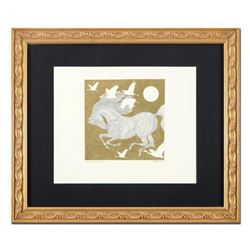 Guillaume Azoulay, "Grues Autre Esquisse" Framed Original Pen and Ink Drawing with Hand Laid Gold Le