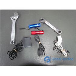 iPhone Chargers, Adaptor, USB Mini B Cord, MIni Flashlights, & Wrenches