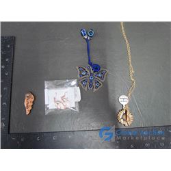 Blue Butterfly Bookmark, "You are my Sunshine" Gold Tone Necklace, and Gold Plated Leaf Earrings