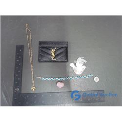 10K Gold Chain With Gold Coloured Heart, YSL Saint Laurent Paris Black Card Holder and Other Jewelry