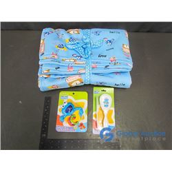 Hand Made Fleece 2 Sided Baby Blanket (Blue) Sesame Beginnings Baby Rattle, Sesame Beginnings Brush 