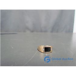 Men's Gold Ring with Dark Center Stone, One Small Diamond on Each Side (Verified)