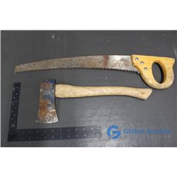 Saw W/18" Curved Blade (Some Rust) and Hatchet