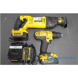 DeWalt 20V Cordless Recipricating Saw, Cordless Drill, Charger & 3 Batteries - All Working