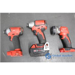 Milwaukee 18V Impact Drivers (2), 18V Flashlight, & 18v 3AH Battery - All Working