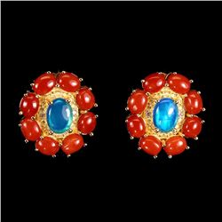 Natural Blue Opal & Italian Coral Earrings