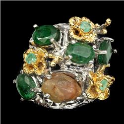 Natural Top Green Emerald & Rough Sapphire Ring