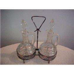 Pressed Glass Twin Cruet Set in Brass Carrier;  #848073