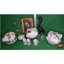 Variety Tea Cups/Saucers, Vintage Framed Photo, S& P, Swan Orn, Vase, etc : From Local Resident