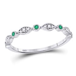 Round Emerald Diamond Marquise Dot Stackable Band Ring 1/8 Cttw 10kt White Gold