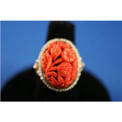 Victorian Carved Coral Ring; 14K Gold with Seed #832462