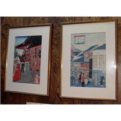 Pair 19c Japanese woodblock wood block prints  #832630