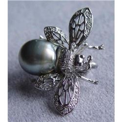 14kt Gold Diamond Black Pearl Bumble Bee Brooch #832648