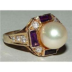 14kt gold art deco diamond amethyst pearl ring #832657