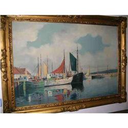 Vintage Danish Painting Harbor Scene Listed #849830