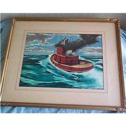 1960 Ship Painting Of a Tugboat At Sea Signed #849832