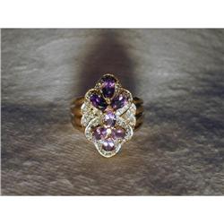 Estate 14K YG Gold Amethyst Diamond Floral Ring #856043