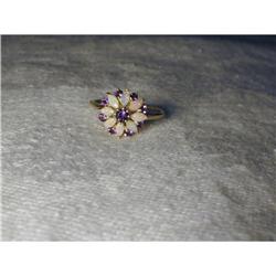 Estate 14K Yellow Gold Opal Amethyst Rose Ring #856061