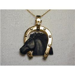 Estate 14K Carved Onyx Horse Horseshoe Pendant #856188