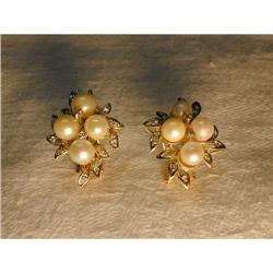 14K YG Diamond Cultured Pearl Cluster Earrings #856189