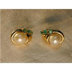 14K YG Cultured Pearl Emerald Diamond Earrings #856209