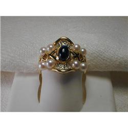 14K Diamond Cabochon Sapphire Pearl Ring Band #856229