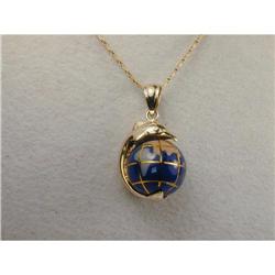 14K YG Inlaid Gems Dolphin Globe Charm Pendant  #856247