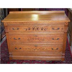 Three Drawer Oak Dresser with Carved Designs #856465