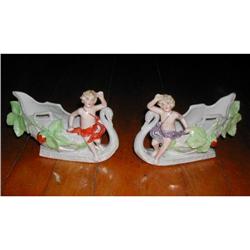 Pair of Victorian porcelain cherub on swan with #856486