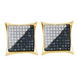 Mens Round Blue Color Enhanced Diamond Square Kite Cluster Earrings 1/3 Cttw 10kt Yellow Gold