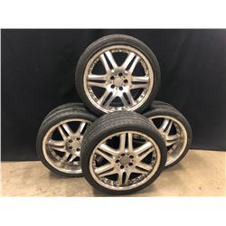 4 WHEELS AND TIRES: SET OF 2 5X112 19X8 5JJ WHEELS, AND SET OF 2 19X9 5J WHEELS, ALL 4 TIRES VERY