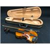 Image 1 : 1/8 SIZE VIOLIN, MISSING BRIDGE, COMES WITH BOW AND SOFT SHELL CASE, CASE MISSING ZIPPER