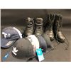 Image 1 : LOT OF ASSORTED HATS AND BOOTS, BOOTS ARE SIZES 13 & 11W