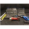 Image 1 : TOOLS INC. 2 SOCKET/WRENCH SETS (MOSTLY COMPLETE), HEAT GUN, MILWAUKEE GRINDER, AND LEVEL