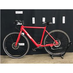 RED REVON SINGLE SPEED ELECTRIC ASSIST HYBRID ROAD BIKE WITH FRONT AND REAR DISC BRAKES,