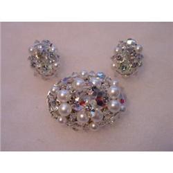 Crystal Rhinestone Pearl Demi-Parure Brooch Ear #871973