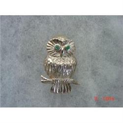 Designer Signed Sterling Owl Brooch Emerald #872272