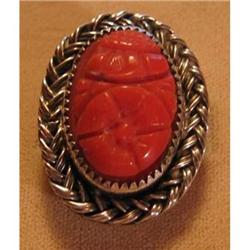 Oriental Carved Coral Silver Ring Egyptian  #872405