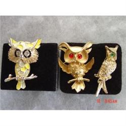 Lot 3 Owl Rhinestone Enamel Brooches Pendants #872590